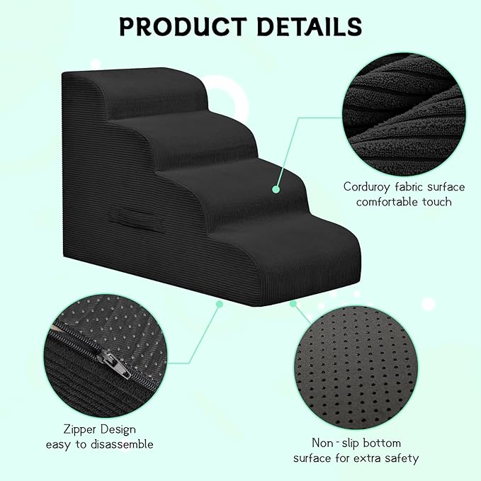 Mesa Lemon Dog Steps for Small Dogs, 3-Step Pet Ramp Stairs for High Beds and Sofa, Non-Slip Pet Stairs for Small Dogs and Cats, Removable and Easy to Clean Cover, Black