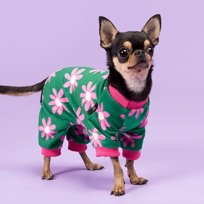 Fitwarm Flower Fleece Dog Pajamas, Warm Winter Dog Clothes for Small Dogs Girl, Cozy Pet Onesie with Feet, Dark Green, XS