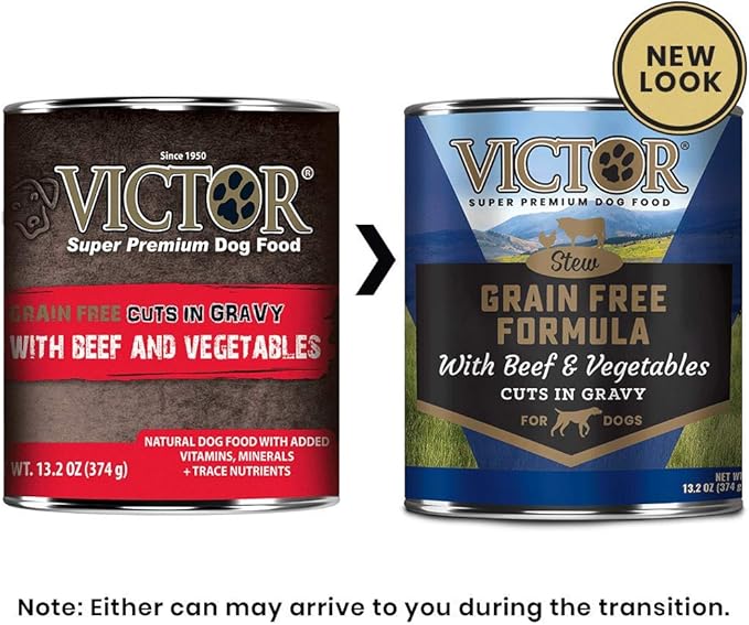VICTOR Super Premium Dog Food – Beef and Vegetable Cuts in Gravy – Grain Free Canned Wet Adult Dog Food – Nutrient Rich, Ideal Kibble Topper or Standalone Meal – All Breeds, 12 x 13.2oz Cans