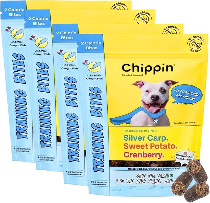 Chippin Soft Dog Training Treats, Mini Bite Size Fish & Sweet Potato Dog Treats, Healthy Low Calorie Training Rewards for Puppy & Dogs, Natural High Protein, 4 Pack