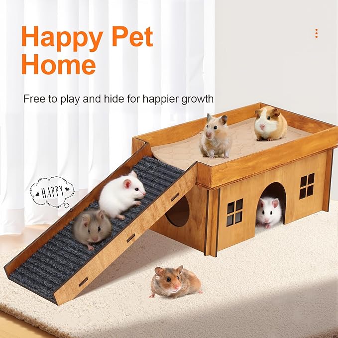 Large Rabbit Hideout, Rabbit Houses and Hideouts, Wooden Bunny House and Hideouts, Bunny Castle with Stair, Chinchilla and Guinea Pigs Hut Hideout（Excluding String Lights）