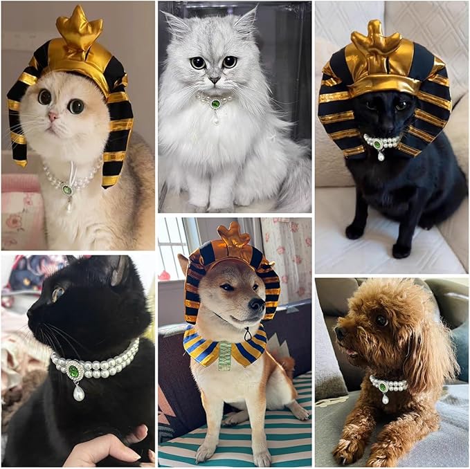 MANON ROSA Cat Egyptian Costume Set 2PC – Pet Golden King Pharaoh Headwear with Pearl Necklace, Cute Festival Cosplay Outfits Accessory & Photo Props for Small Medium Dogs Cats Puppies Kittens