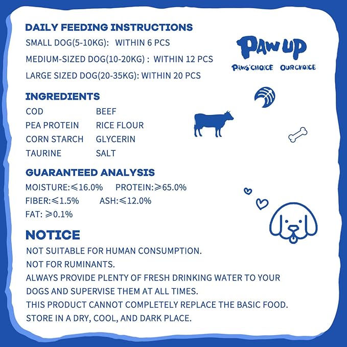 PAWUP Dog Treats Training Rewards, Beef Cod Cubes, 1% Taurine Added, 12.5 oz, Rawhide Free, Grain Free, Low Fat Dog Training Rewards and Snacks, No Additives