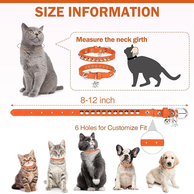Leather Cat Collars for Boy Girl Cats with Bell and Safety Elastic Belt, Personalized Rivets Stud Adjustable Safe Buckle Collar with Skull Charm for Kitty Small Pets, Halloween Cat Collar