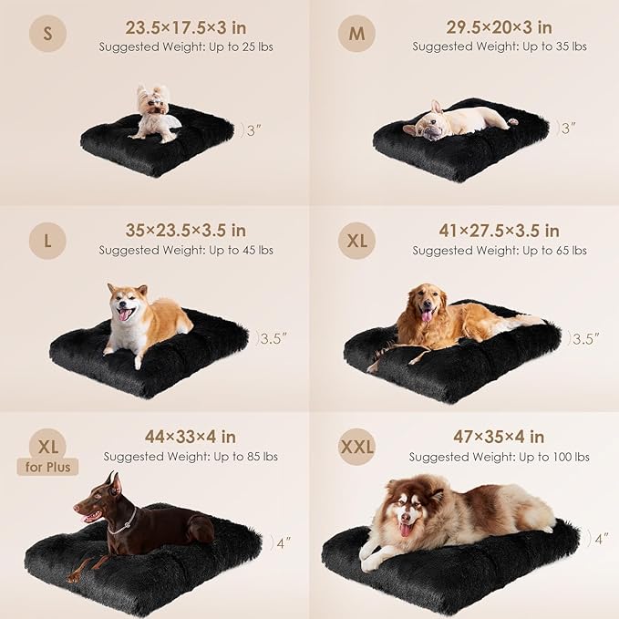 EHEYCIGA Fluffy XXL Dog Crate Pad, Plush Faux Fur Dog Bed for Extra Large Dogs, Calming Anti Anxiety XXL Bed, Washable Soft Warm Crate Mat with Non-Slip Bottom, Black