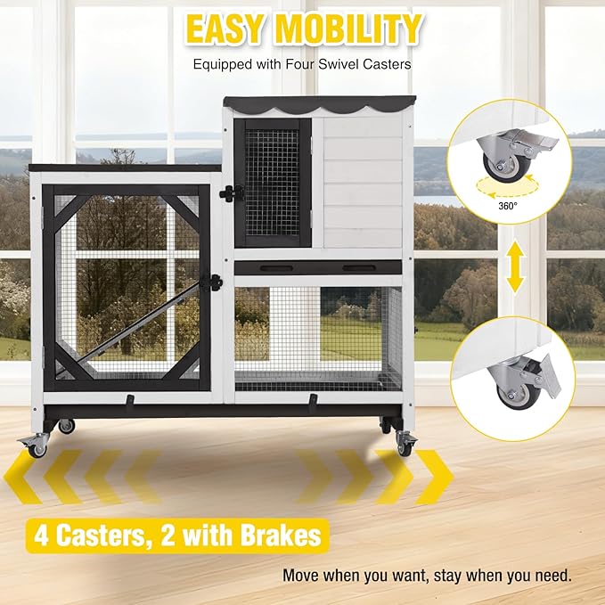 Aivituvin 2-Story Large 39.3" Rabbit Hutch, Opening Roof Bunny Cage with Chew-Proof Ramp, Leak-Proof Tray and Locking Wheels, for 2-4 Rabbits (Black/White)