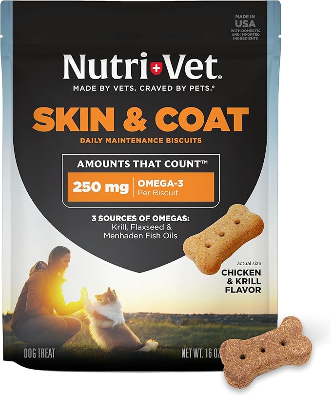 Nutri-Vet Skin & Coat Biscuits for Dogs, Tasty Dog Treat, Skin and Coat Supplement, Omega 3 Fish Oil, Made with Omega 3 and Biotin, Fish Oil Treat for Pets, Chicken & Krill Flavor, 16 oz