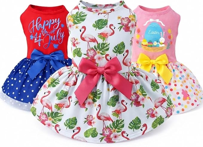 Abbylike 3 Pcs Seasonal Dog Outfits Easter Summer 4th of July Pet Costume Cotton Holiday Puppy Dress Lightweight Pet Apparel with Bowknot for Large Medium Dog Clothing, Large