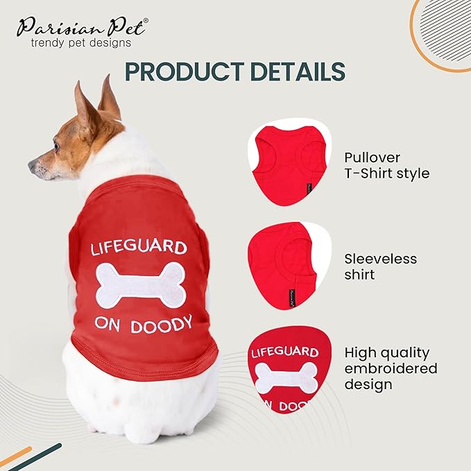 Parisian Pet Dog Shirt – 100% Cotton Shirts for Small Dogs – Sleeveless Red Lifeguard Puppy Vest – Lightweight and Breathable Pet Apparel – Pullover Summer Dog Clothes - Stretchy T Shirts for Dogs