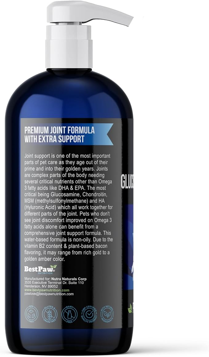 Best Paw Nutrition Liquid Glucosamine for Dogs - Glucosamine Chondroitin MSM & HA Joint Supplement for Dogs & Cats - Bacon Flavored Liquid Pump - Supports Mobility, Stiffness & Joint Comfort - 32 oz
