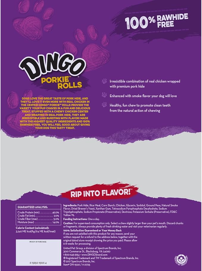 Dingo Porkie Rolls 15 Count, Pork Hide Chews for Dogs, Made with Real Chicken