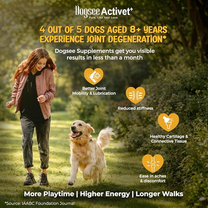 Dogsee Activet+ Dog Hip & Joint Supplement Chews, with Glucosamine, Chondroitin, MSM, Collagen & Omega 3, Mobility & Cartilage Support, Chicken Flavor – 90 Chews