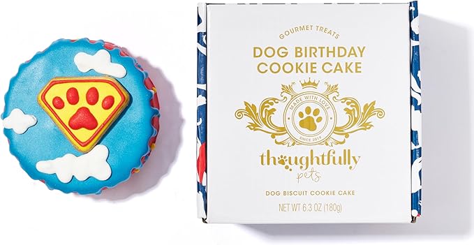Thoughtfully Pets, Superhero Dog Birthday Cookie Cake, Gourmet Mini Cake, Peanut Butter Flavored, Hand Decorated Hollow Biscuit for Any Dog Breed