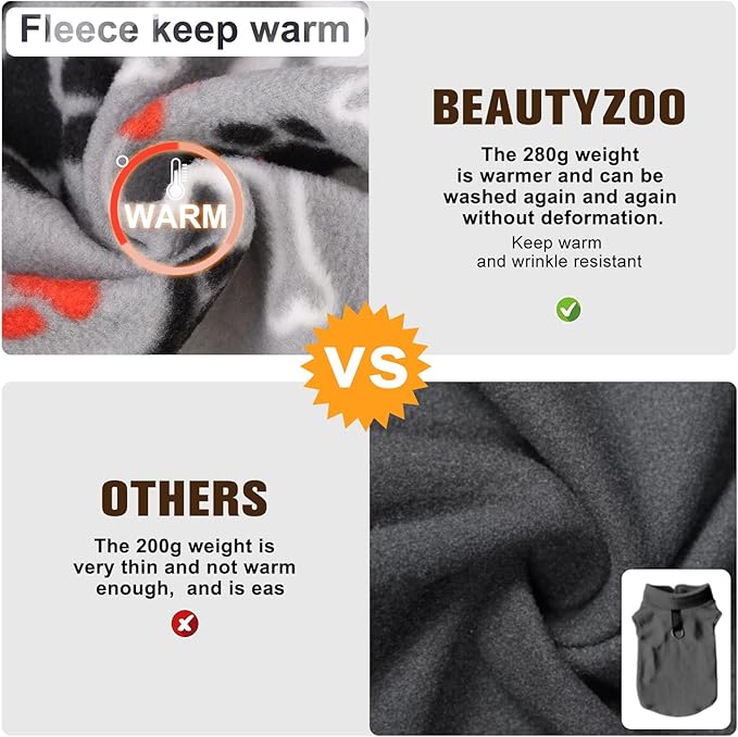 BEAUTYZOO Small Dog Sweater Fleece Vest Winter Jacket, D-Ring Leash Attachment for XS S Puppy Medium Sized Breeds Dogs, Cold Weather Dog Clothes Windproof Keep Warm, Grey Bones Paw L