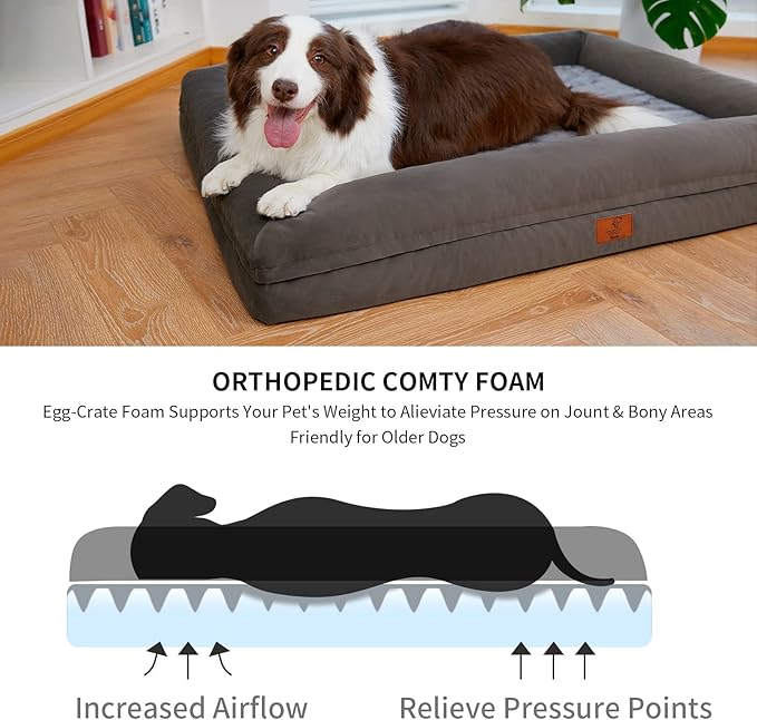 Dog Beds for Extra Large Dogs, Orthopedic Egg Crate Foam Dog Bed with Removable Washable Cover, Waterproof Non-Slip Bottom 4-Sides Removable Bolster XL Pet Couch, Olive Green