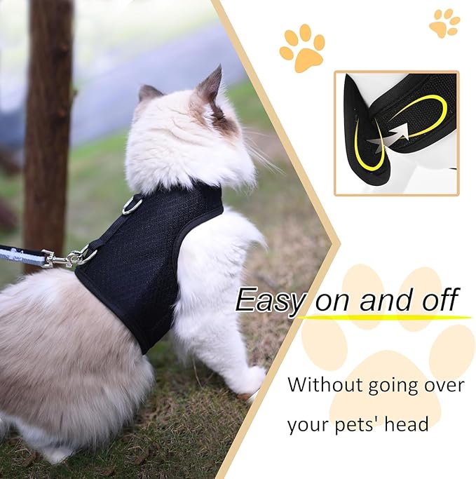 Cat Harness and Leash for Walking Escape Proof Breathable Mesh Fabric, Solid Black, Large, Adjustable Cat Walking Jackets, Padded Stylish Cat Vest
