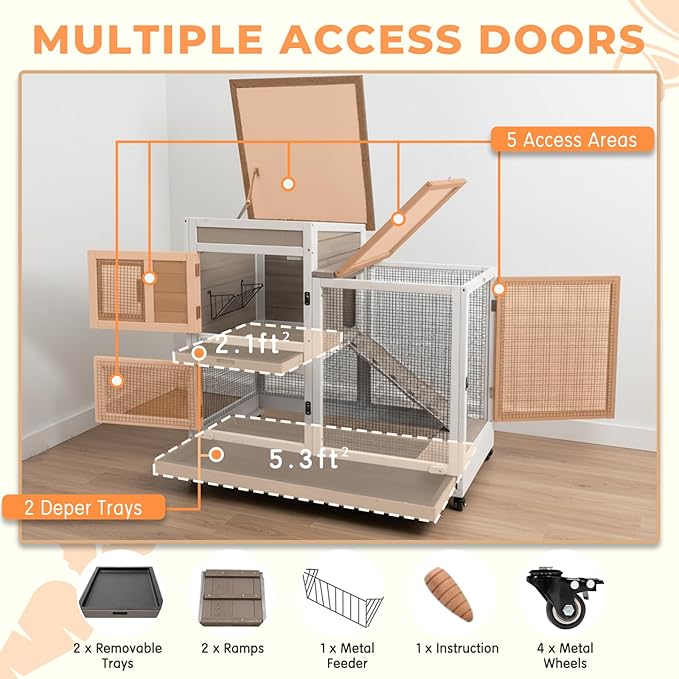 Rabbit Hutch Indoor Outdoor, 2-Story Bunny Cage Bunny Hutch Rabbit Cage with 2 Removable Trays, Metal Wheels, and UV Panel, Guinea Pig Pet House Hamster Cage