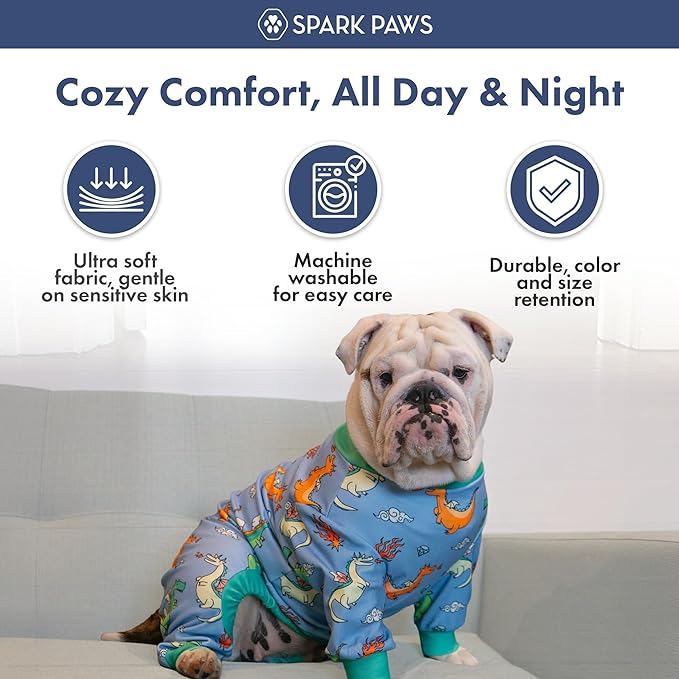 Spark Paws Dog Pajama, Dog Recovery Suit Male, Onesie, Ultra-Soft and 4-Way Stretch, for Small Medium and Large Breeds - Dragons - S