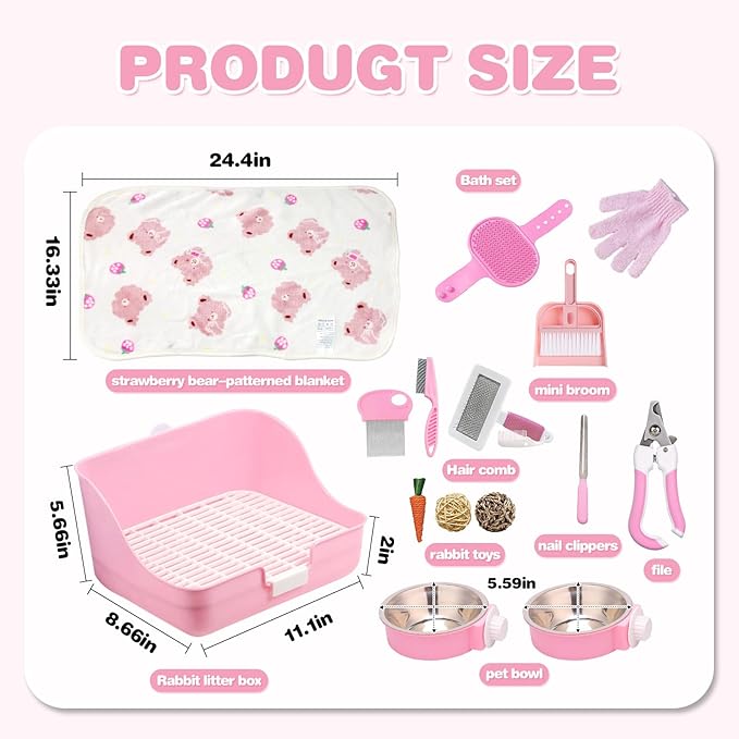 16 Pcs Bunny Grooming Kit,Rabbit Litter Box, Bunny Toys,Blankets with Cleaning Supplies,Pet Toilet Potty with Detachable Hanging Pet Cage Bowl Suitable for Rabbit,Guinea Pig(Pink) (Pink (16PCS))