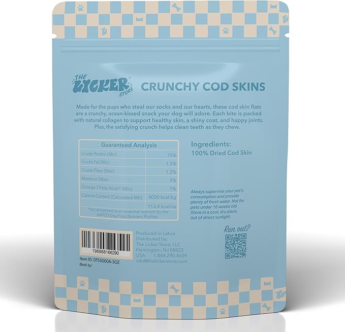 DTS5000A-3OZ Air Dried Wild Caught Cod Skin Crunchy Treats for Dogs, High Protein Omega-3 Fish Snacks Single Ingredient Natural, Gluten & Grain Free, Healthy Training Treats, 3oz Bag