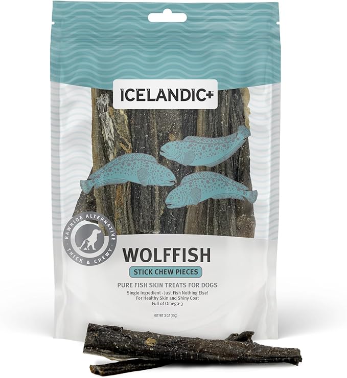 Icelandic+ Stick Chew Pieces: Wolffish - 3oz Bag, Pure Fish Skin Dog Treats, Wild-Caught & Air-Dried, Single Ingredient Pet Snacks, Just The Fish
