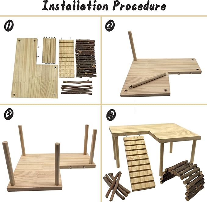 Wooden Hamster Platform with Legs, Large Syrian Hamsters Climbing Platforms with Ramp Kit Wood Ladder Bridge Rat Playing Toy Standing Table Gerbil Cage Accessories