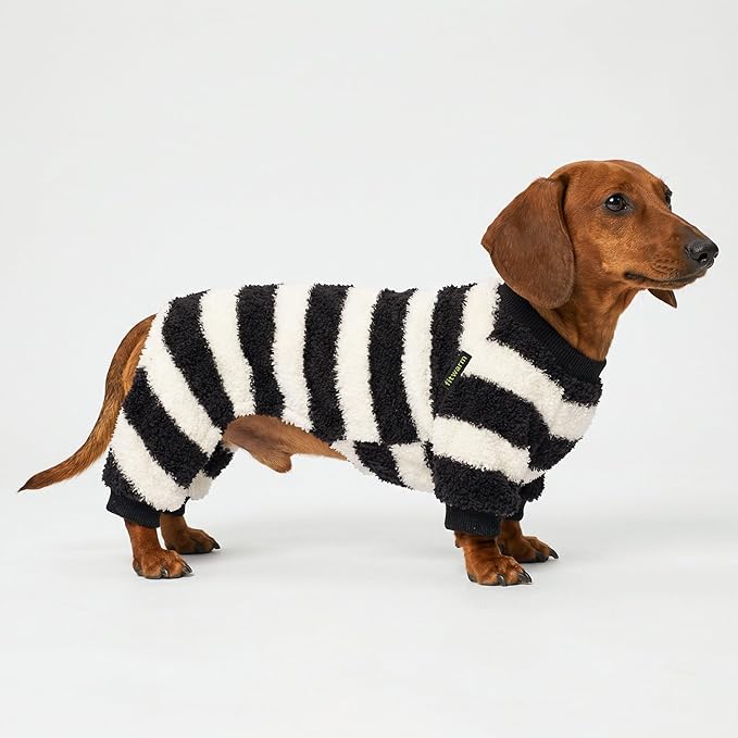 Fitwarm Fuzzy Striped Dog Pajamas, Winter Clothes for Small Dogs Girl Boy, Fleece Dog Onesie, Soft Pet PJS, Doggy Apparel, Black, White, XS