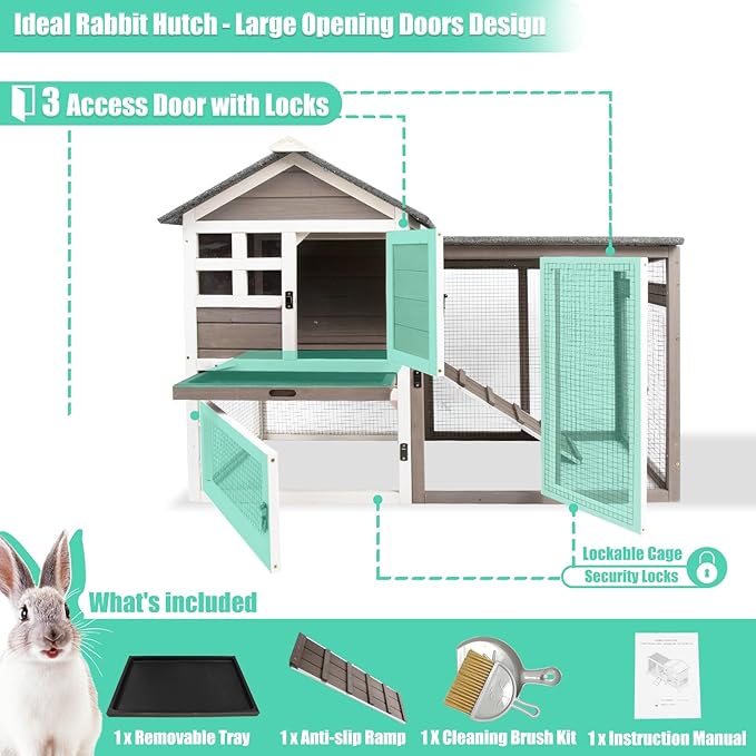 Gowoodhut 48" L Rabbit Hutch Indoor Outdoor Rabbit Cage with Run, Pull Out Tray, Asphalt Roof Large 2 Story Bunny Hutch Wooden Chicken Coop Guinea Pigs Pet House Cage for Small Animals(Grey)