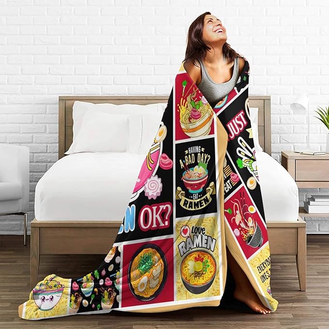SweetFox Just A Girl Who Loves Ramen Blanket, Ramen Decor Throw Blanket Gifts for Girls Boys Food Lovers Super Warm Soft Plush Fleece Flannel Winter Bedding Blankets for Kids Adults Men Women 60"X50"
