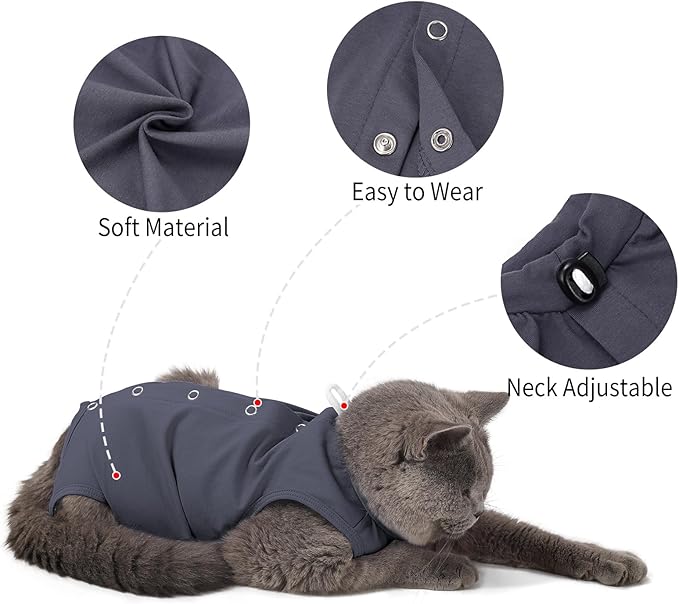 HEYWEAN Cat Recovery Suit Soft Onesie After Surgery for Female Male Cats Breathable Spay Abdominal Wound Protection Cone Alternative (Grey, Medium)