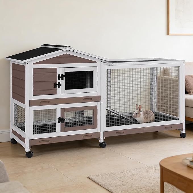 Rabbit Hutch Indoor, 62’’ Bunny Hutch Outdoor, Mobile Rabbit House with Wheels, Wooden Bunny Cage with Leakproof Tray, Chew-Proof Ramp for Guinea Pig(Brown)