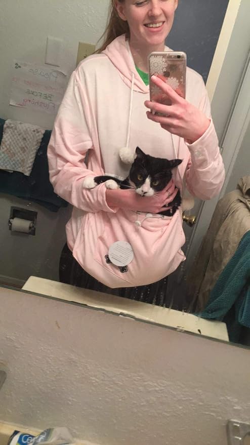 Women Pet Carrier Sweatshirt Puppy Kitten Holding Hoodies Long Sleeve Pouch Tops