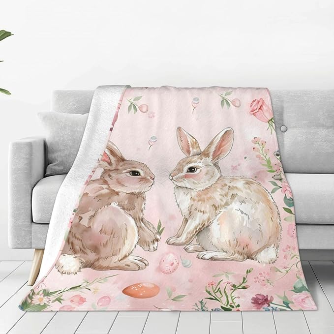 Cute Rabbit Blanket Bunny Flower Decor Pink Throw Blanket Gifts for Girls Boys Rabbit Lover Couch Bedding Super Warm Soft Plush Lightweight Fleece Flannel Blanket for Kids Adults Men Women 60"X50"