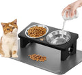 Elevated Cat Bowls with Silicone Mat, 15° Tilted Solid Wood Stand, Raised Stainless Steel Food & Water Dishes for Cats and Small Dogs, Anti-Vomiting Design(Black)