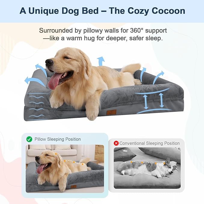 Extra Large Dog Bed for Large Size Dogs, Waterproof Orthopedic Dog Bed with 4-Sides Removable Bolster, Non-Slip Bottom XLarge Pet Couch with Washable Cover, Dark Grey