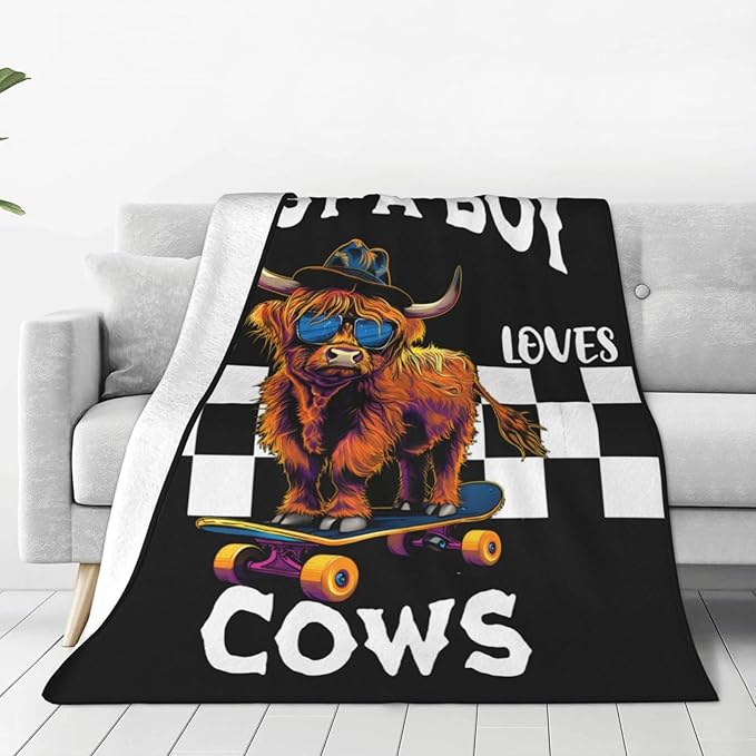 Just A Boy Who Love Cows Blanket Funny Highland Cows Decor Throw Blanket Gifts for Girls Boys Super Warm Soft Plush Fleece Flannel Cattle Blanket Couch Bedding Blanket for Adults Kids Women 60"X50"