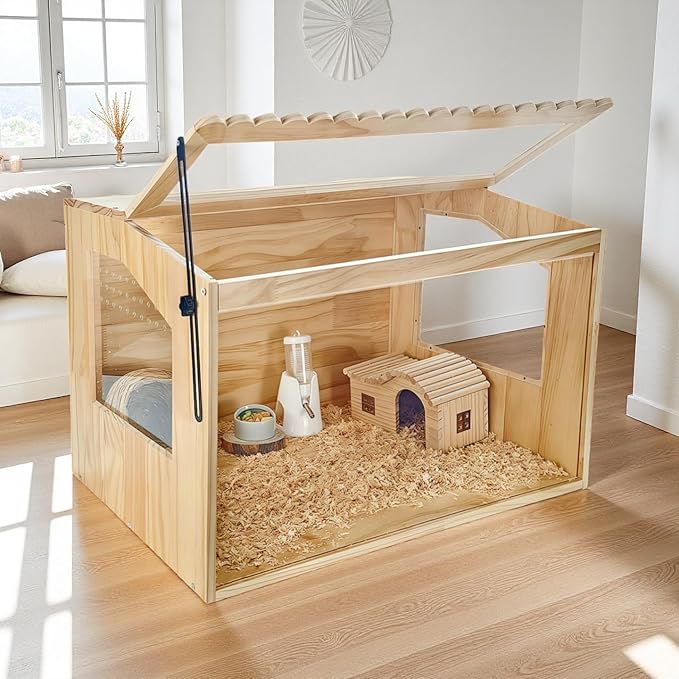 Wooden Hamster Cage, 24" Lx16 Wx16 H,Guinea Pig Cage, Small Animal Cage for Dwarf Syrian Hamsters Degus Mice & Other Small Pets. Hamster Habitat with Openable Top and Large Acrylic Sheets