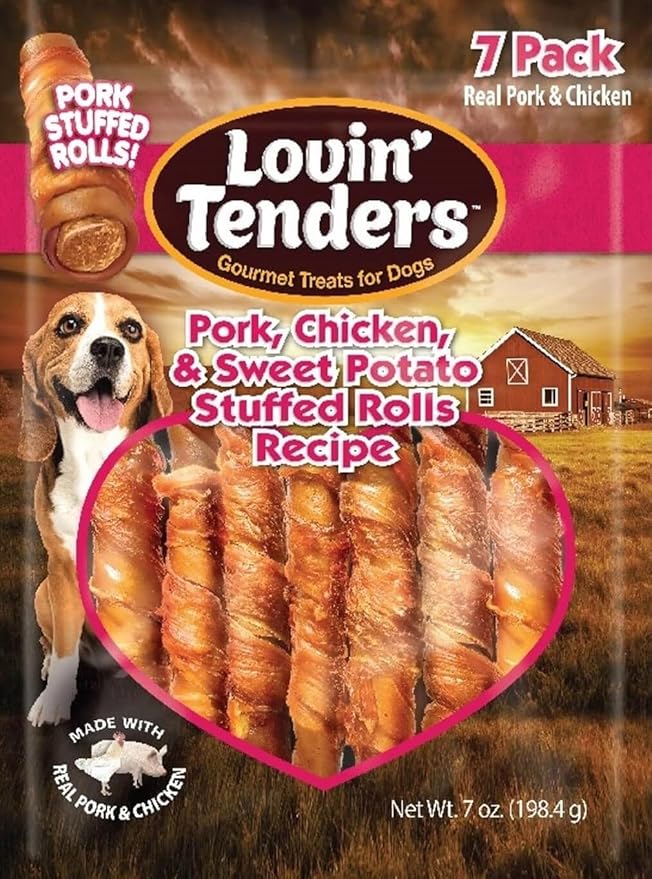 Lovin Tenders Pork Chicken & Sweet Potato Stuffed Rolls Dog Treats (2 Pack - 7 oz per Pack)