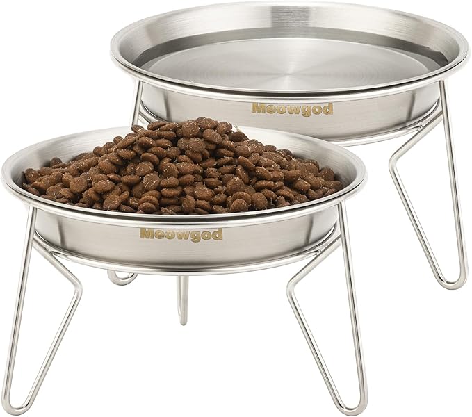 Elevated Cat Bowls,6.7" Extra Wide Raised Stainless Steel Cat Food Bowls with Anti-Slip Metal Stand Whisker Friendly Water Dishes for Indoor Cats and Small Dogs-2pack
