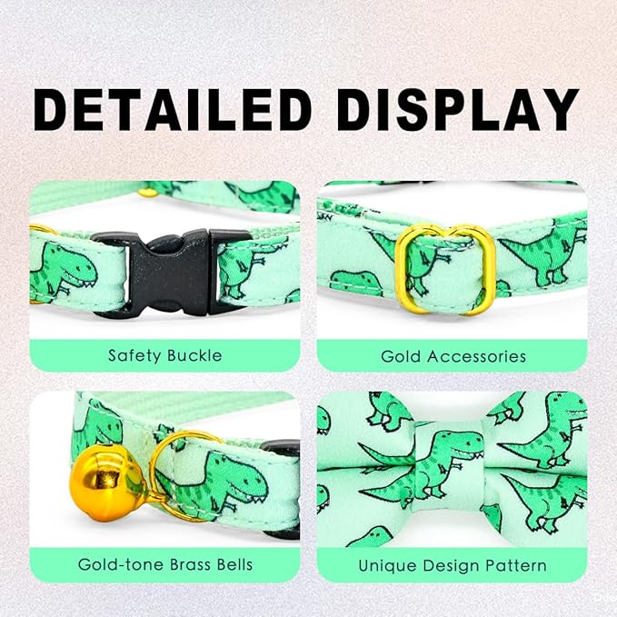 Cat Bow Collar, Green Dinosaur Pattern, Quick Release Safety Buckle, (8" - 13")