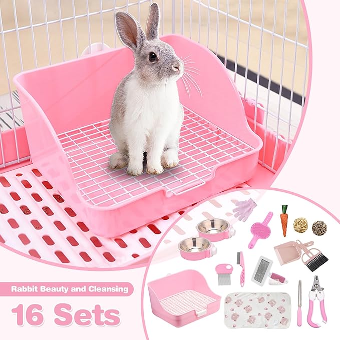 16 Pcs Bunny Grooming Kit,Rabbit Litter Box, Bunny Toys,Blankets with Cleaning Supplies,Pet Toilet Potty with Detachable Hanging Pet Cage Bowl Suitable for Rabbit,Guinea Pig(Pink) (Pink (16PCS))