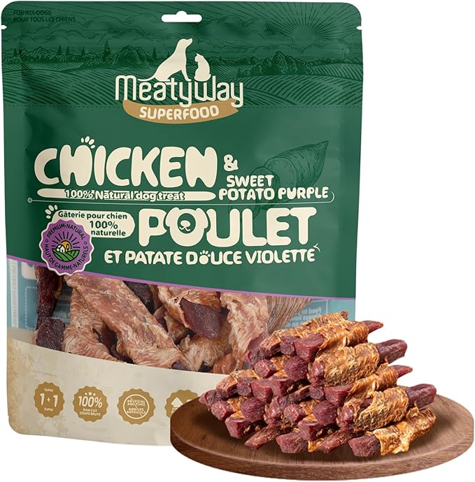 MeatyWay Chicken & Sweet Potato Purple Wrapped Dog Treats, High Protein, Low Fat, 100% Natural Chicken, Healthy and Natural Dog Training Treats for Small & Large Dogs, 454g/16 oz. Bag