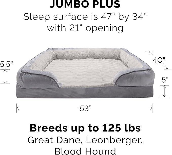 Furhaven Memory Foam Dog Bed for Large Dogs w/ Removable Bolsters & Washable Cover, For Dogs Up to 125 lbs - Plush & Velvet Waves Perfect Comfort Sofa - Granite Gray, Jumbo Plus/XXL