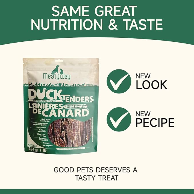 MeatyWay Duck Jerky Tenders Dog Treats, Duck Breast Tenders, High Protein, Low Fat, 100% Natural Grain Free Snacks, Easy to Digest Dog Training Treats, 454g/16 oz. Bag