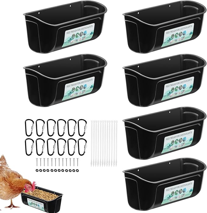 PIREKZUNT 6 Pack Chicken Duck Feeder, Poultry Feeders and Waterers, Hanging Goat Feeder, Livestock Feeding Container, Feed Trough and Waterer Bucket with Clips(Black)