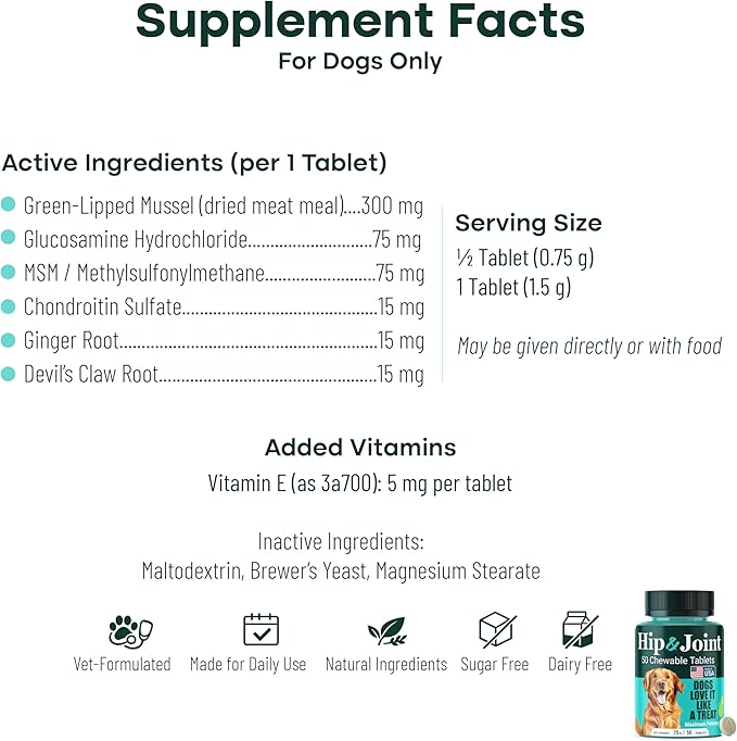 Hip & Joint Supplement for Dogs, 300mg Green-Lipped Mussel for Dog Arthritis Pain Relief, Glucosamine, MSM & Chondroitin, Zero Sugar, Large Medium Small Breeds, 50 Chewable Tablets