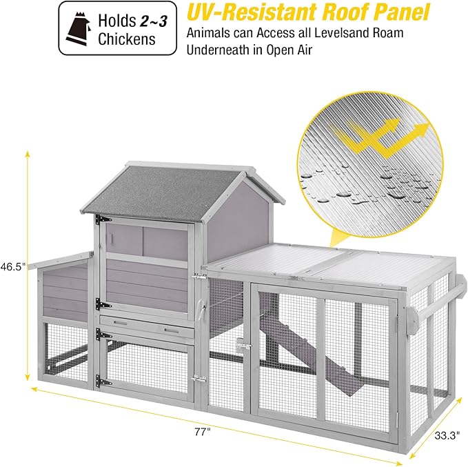 Aivituvin Chicken Coop Outdoor Hen House Wooden Poultry Cage with Wheels,UV Panel,Nest Box, Expandable Coop (Grey, AIR27)