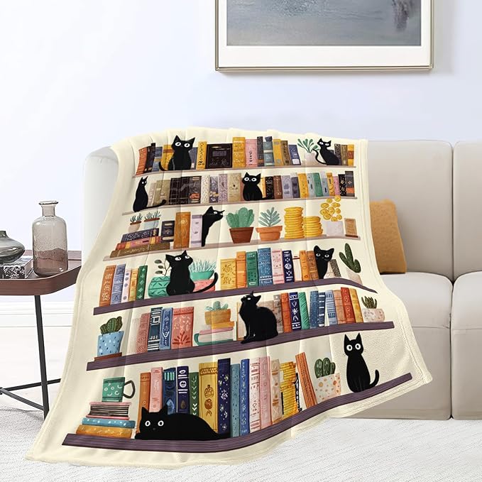 Black Cat Throw Blanket Book Cat Bookshelf Stuff Gifts for Kids Girls Boys Adults Women Men Soft Cozy Warm Plush Fluffy Fuzzy Fleece Blanket Decor 60''X80''