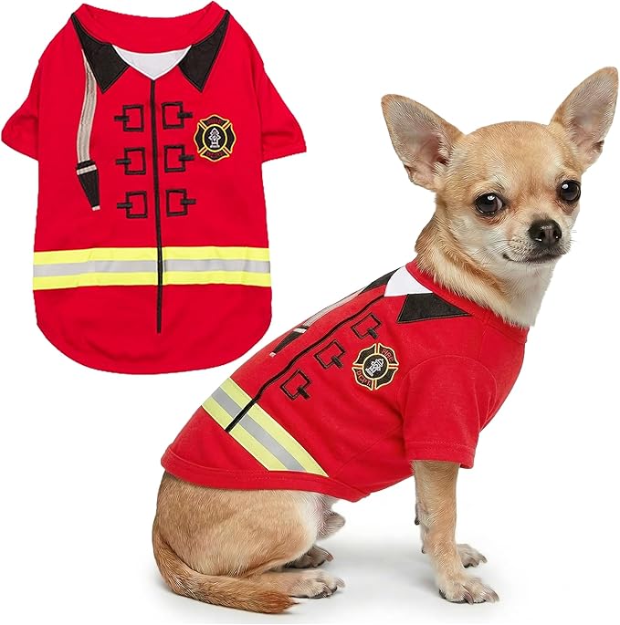 Parisian Pet Dog Costume - 100% Cotton Firefighter Dog Clothes for Small Dogs - Lightweight Puppy Outfits - Funny Chihuahua Clothes - Sleeved Red Shirt for Dogs - Stretchy and Stylish Pet Costume