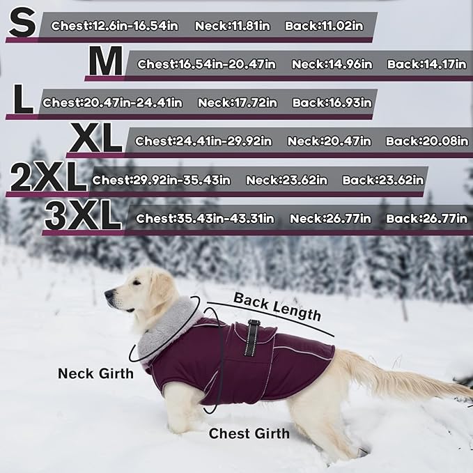 Lelepet Warm Dog Coat Waterproof Dog Jacket for Large Dogs Reflective Fleece Vest with Adjustable Buckle Hook & Loop Windproof Cold Weather Coats for Small Medium Large Dogs, Dark Purple, L
